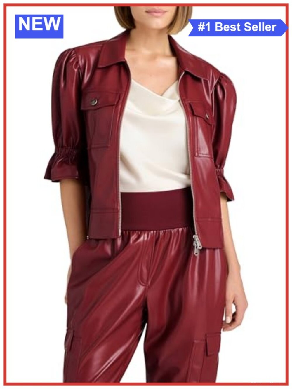 Lite Vegan Leather Holly Jacket Ruched Sleeve Aviator Band Collar